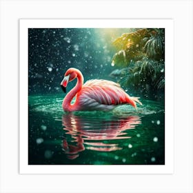 Firefly Green, Soft, Plush, Flamingo, Swimming, Transparent, Glass Lake, Sunlight, Snow, Falling, Re (2) Art Print