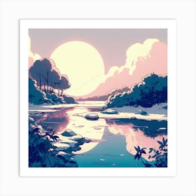 Forest River Sun Art Painting Anime Nature Landscape Trees Art Print