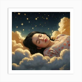 A photorealistic portrayal of a woman with shiny black bobbed hair, asleep on shimmering golden clouds. The sky around her is dotted with stars, each shaped like a Hello Kitty cat, casting a soft glow. Created Using: high-resolution detail, magical night sky, gold-tinted clouds, playful star designs, tranquil mood, soft glow effects, enchanted setting, clear focus --ar 16:9 --v 6.0 2 Art Print