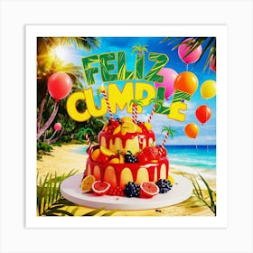 Feliz cumple and Feliz cumpleaños sign means Happy Birthday in Spanish language, Birthday party celebration gift with birthday cake candle colorful balloons best congratulation over light background wall artFeliz Cumple 65 Art Print