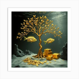 Gold Tree With Fishes Art Print