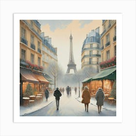 Paris cafes, winter season, Christmas, pale colors, pedestrians in the street, winter clothes, falling snow.10 Art Print