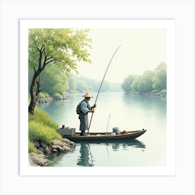 Watercolor Portrayal Of A Japanese Fisherman By The River, Calm And Serene 1 Art Print