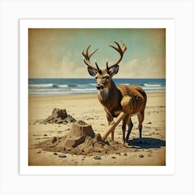 Deer On The Beach 1 Art Print