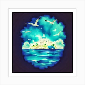 Seagulls Flying Over Island Art Print