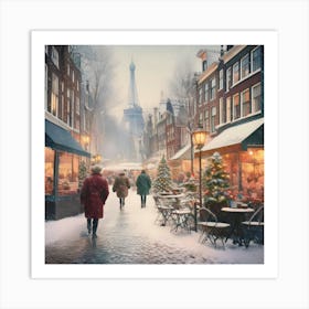 Amsterdam cafes, winter season, Christmas, autumn oil colors, pale colors, pedestrians in the street, winter clothes, falling snow. Póster