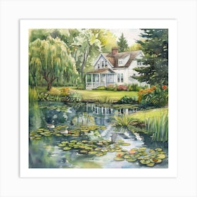 The Water Lily Pond at the Old Farmhouse Watercolor Painting | Americana Nostalgic Idyllic Scenery | Willow Tree and Geese | Home Sweet Home Art Print