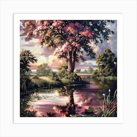 Cherry Blossom Sunrise On The River Art Print