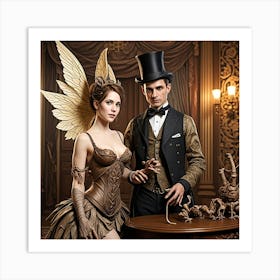 Steampunk Couple Cubism Style Art Print