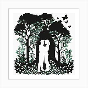 Couple In The Forest, Silhouettes Of Two People Hugging Surrounded By Elements Of Nature Flowers Trees Growing 1 Art Print