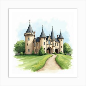 Watercolor Scene Of The Craigievar Castle In Scotland, Featuring Its Fairy Tale Design And Picturesque Setting Art Print