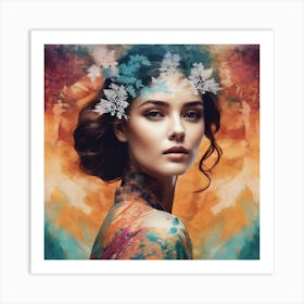 Beautiful Woman With Flowers On Her Head Art Print