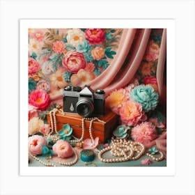 Vintage Camera With Flowers And Pearls Art Print