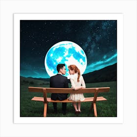 Couple Sitting On Bench With Moon Art Print