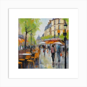 Paris Street Scene Paris city, pedestrians, cafes, oil paints, spring colors. Art Print