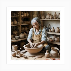 a skilled artisan creating handmade pottery, surrounded by a wheel, clay, and finished pieces. This craft-inspired art print is perfect for pottery enthusiasts and those who appreciate the beauty of handcrafted items, adding a touch of artisanal charm to home decor. Art Print