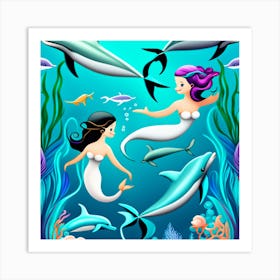 Fantasy Art: Mermaids Underwater Swimming With Dolphins Art Print