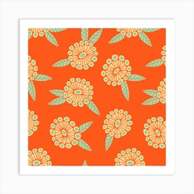 WARM AND SUNNY Bright Retro Floral Botanical in Mint Green Cream on Orange Art Print