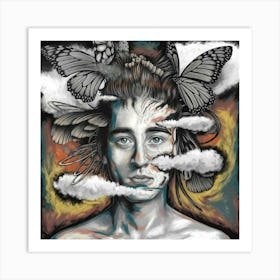 Woman With Butterflies On Her Head Art Print