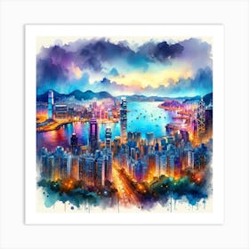 Hong Kong Skyline Watercolor Painting Art Print