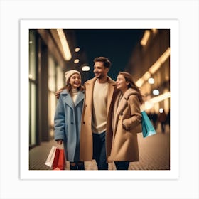 Photo Happy Couple With Shopping Bags Enjoying Night At City 2 Art Print