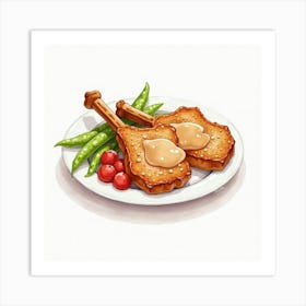 A Charming Watercolor Image Of A Plate Of Tender And Juicy Pork Chops With Apple Sauce Art Print