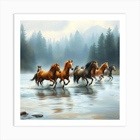 Horses Running In The River 7 Art Print