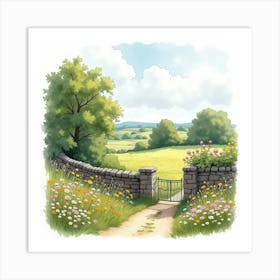 An English Countryside Scene With A Classic Stone Wall And Wildflowers, Watercolor 1 Art Print