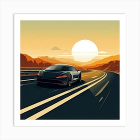 Sports Car On The Road At Sunset 1 Art Print