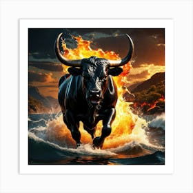 Bull raging through the water in fire Art Print