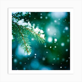 Evergreen Branch Adorned With Sparkling Snowflakes Catching The Light Shimmering Positioned Cent (5) Affiche