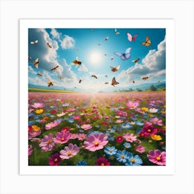 Colorful Flower Field With Butterflies Art Print