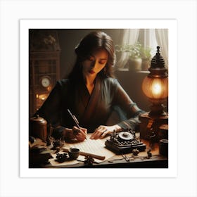 Woman Writing At A Desk Art Print