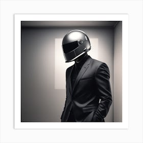 The Image Depicts A Man Wearing A Black And Grey Suit, With A Black Helmet On His Head Art Print