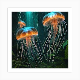 Bioluminescent Jellyfish Fish In A Jungle Fractal Pattern Vibrant By Jacob Lawrence And Francis 992543567 Art Print