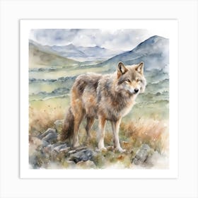 Wolf in Scottish Mountains Waits Amongst the Wild Grass Art Print