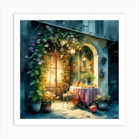 Quiet and attractive dining nook, overgrown flowers, high quality, detailed, highly 3D, elegant carved cart, 3 Art Print