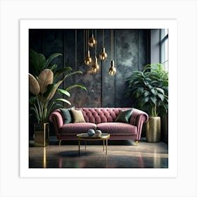 Pink Velvet Sofa In A Modern Living Room Art Print