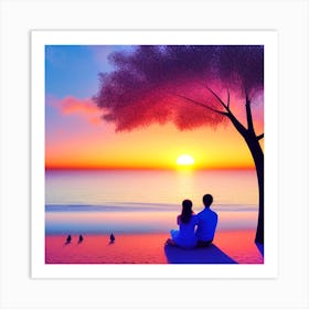 Couple Sitting On The Beach At Sunset 2 Art Print