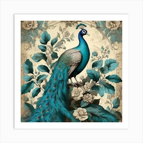 Turquoise Peacock Vintage Wallpaper With Leaves Art Print 1 Art Print