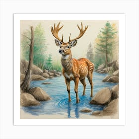 Deer In The Stream 2 Art Print