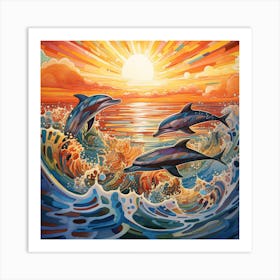 Dolphins At Sunset 2 Art Print