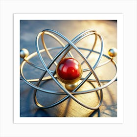 A close-up of a metallic, spherical model of an atom. Art Print