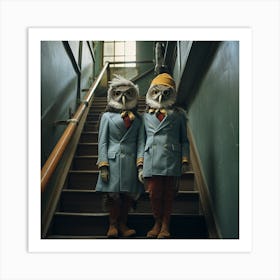 Two Owls On Stairs - Friends - Cute - Vintage - Spooky Art Print