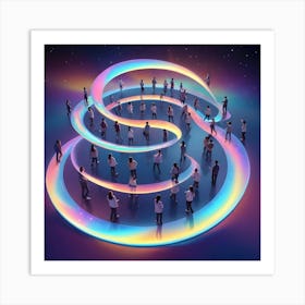 People Walking On A Continuous, Swirling Path Made Of Glowing, Multi Colored Light Against A Dark Background With Stars Art Print