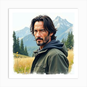 Watercolor Portrait Of Keanu Reeves In A Tranquil Mountain Landscape Art Print