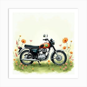 Retro Motorcycle Beside A Blooming Meadow Watercolor 1 Art Print