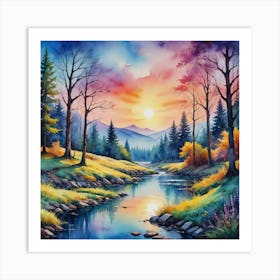 Otherworldly Beauty: Luminescent Mountain Bliss Sunset By The River Art Print