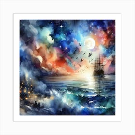 Ship In The Night Sky Art Print