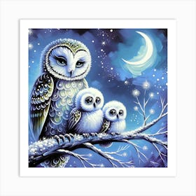 Whimsical Owl and Baby Owls on Branch Deco Style Art Print